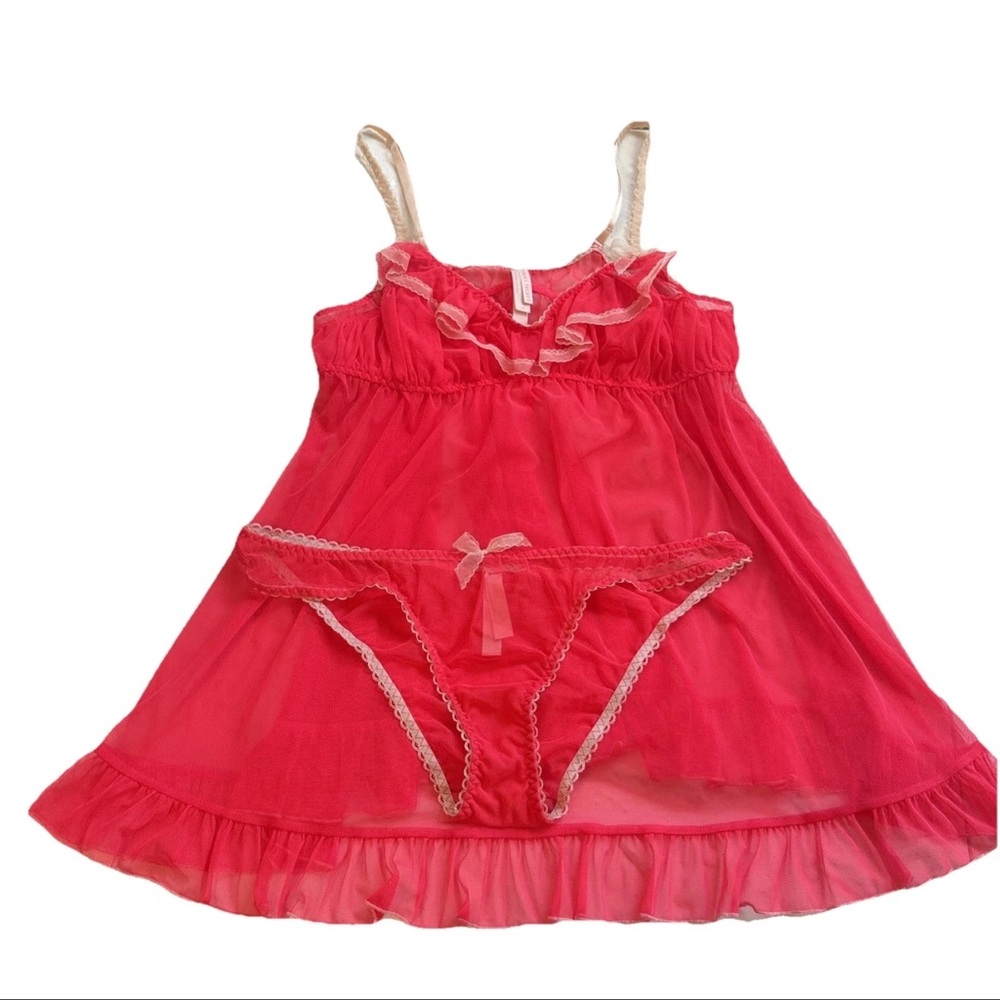 Victoria's Secret Womens Sheer Pink Lace Babydoll Chemise W/Rhinestone Bow Set L